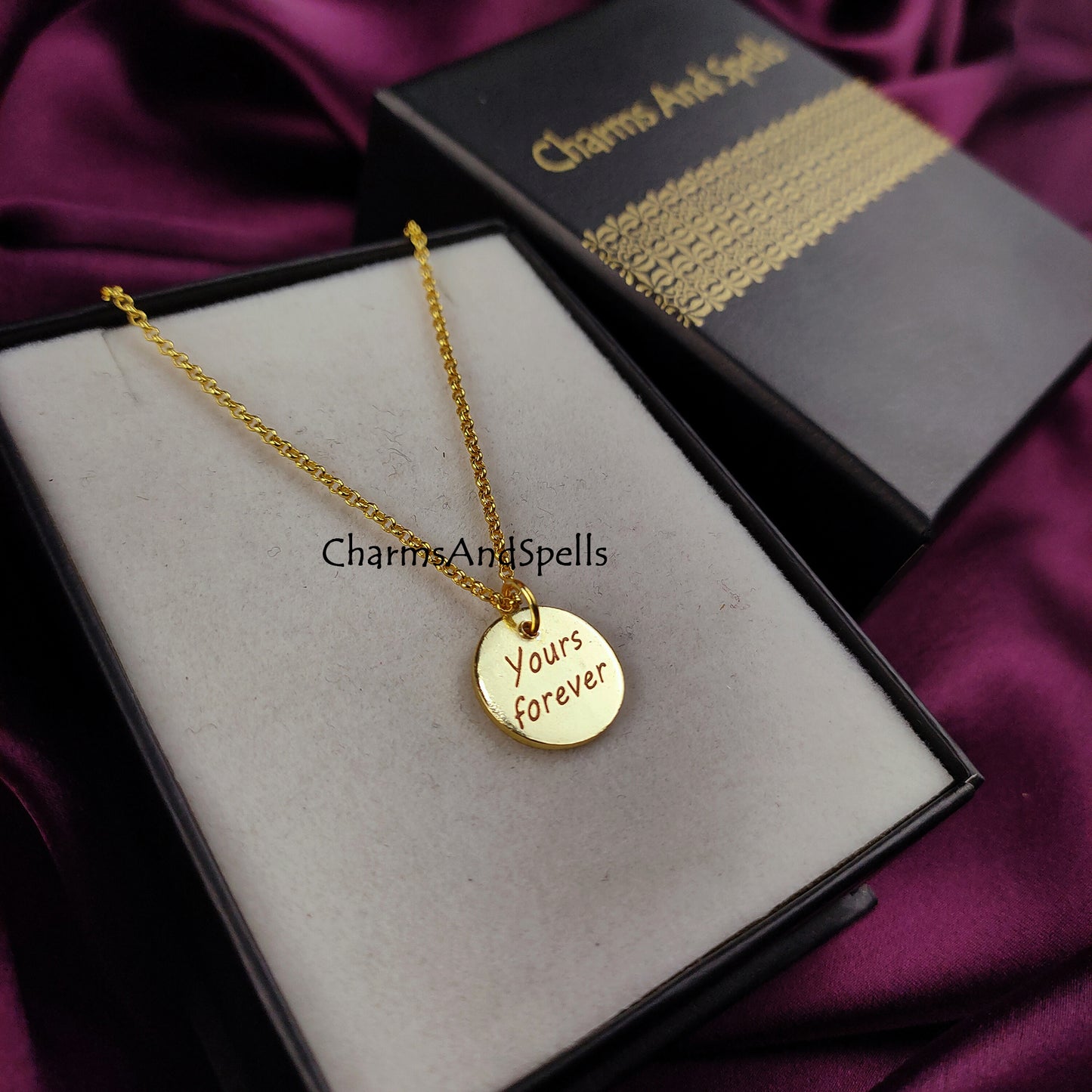 Engraved Necklace, Personalized Yours Forever Necklace, Engraved Charm Pendant, Gold Plated Necklace, Gift For Friend, Coin Necklace