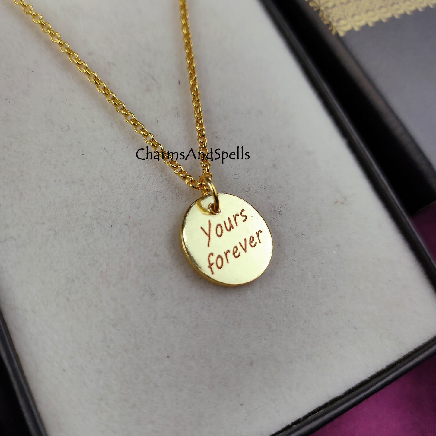 Engraved Necklace, Personalized Yours Forever Necklace, Engraved Charm Pendant, Gold Plated Necklace, Gift For Friend, Coin Necklace