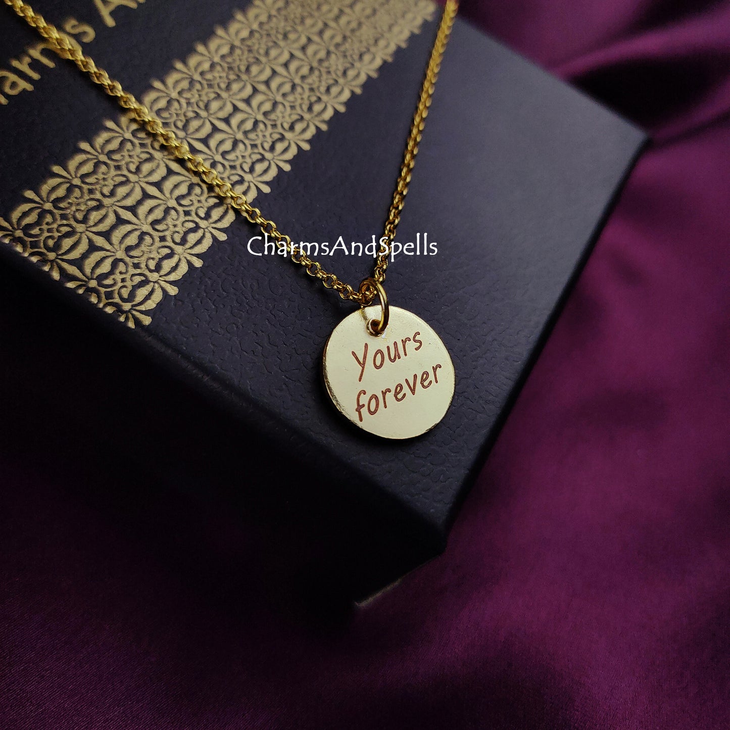 Engraved Necklace, Personalized Yours Forever Necklace, Engraved Charm Pendant, Gold Plated Necklace, Gift For Friend, Coin Necklace