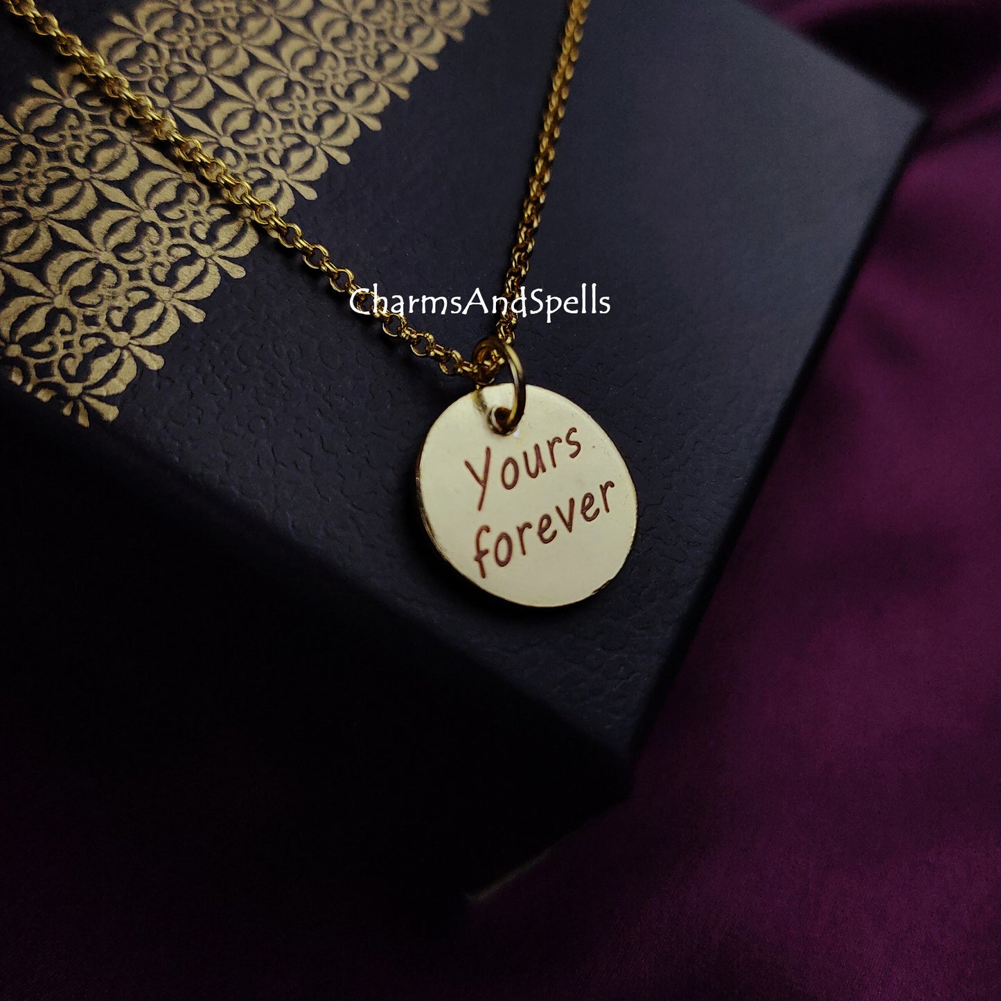 Engraved Necklace, Personalized Yours Forever Necklace, Engraved Charm Pendant, Gold Plated Necklace, Gift For Friend, Coin Necklace