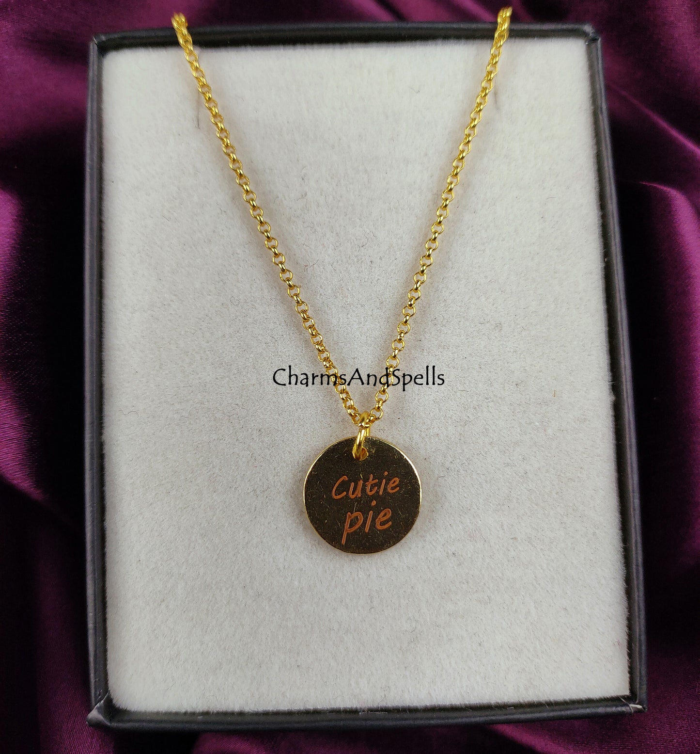 Cutie Pie Personalized Engraved Necklace, Coin Charm Necklace, Laser Engraved Jewelry, Gift For Daughter, Woman Jewelry, Mothers Day Gift