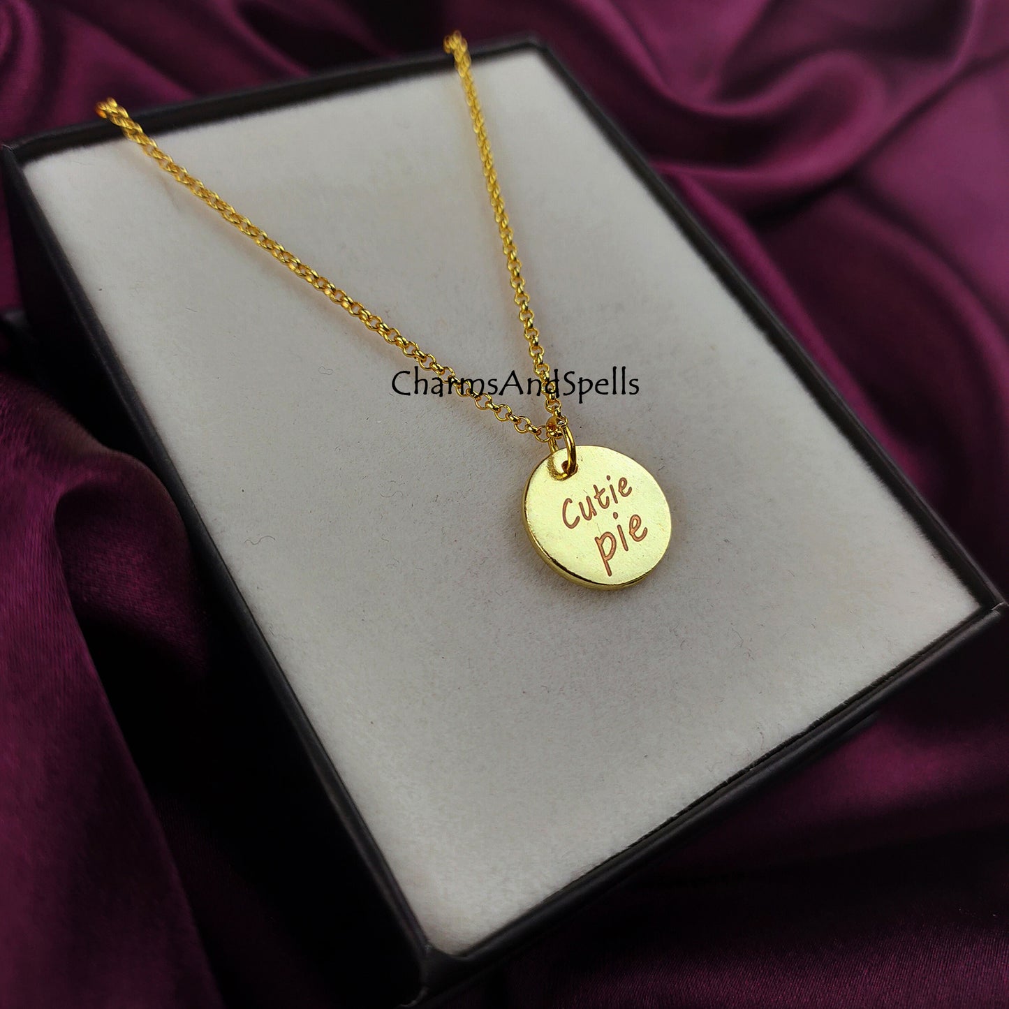 Cutie Pie Personalized Engraved Necklace, Coin Charm Necklace, Laser Engraved Jewelry, Gift For Daughter, Woman Jewelry, Mothers Day Gift