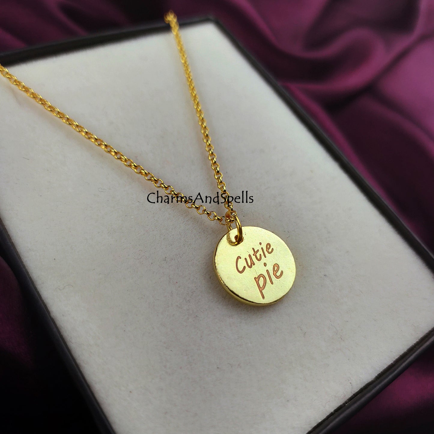 Cutie Pie Personalized Engraved Necklace, Coin Charm Necklace, Laser Engraved Jewelry, Gift For Daughter, Woman Jewelry, Mothers Day Gift