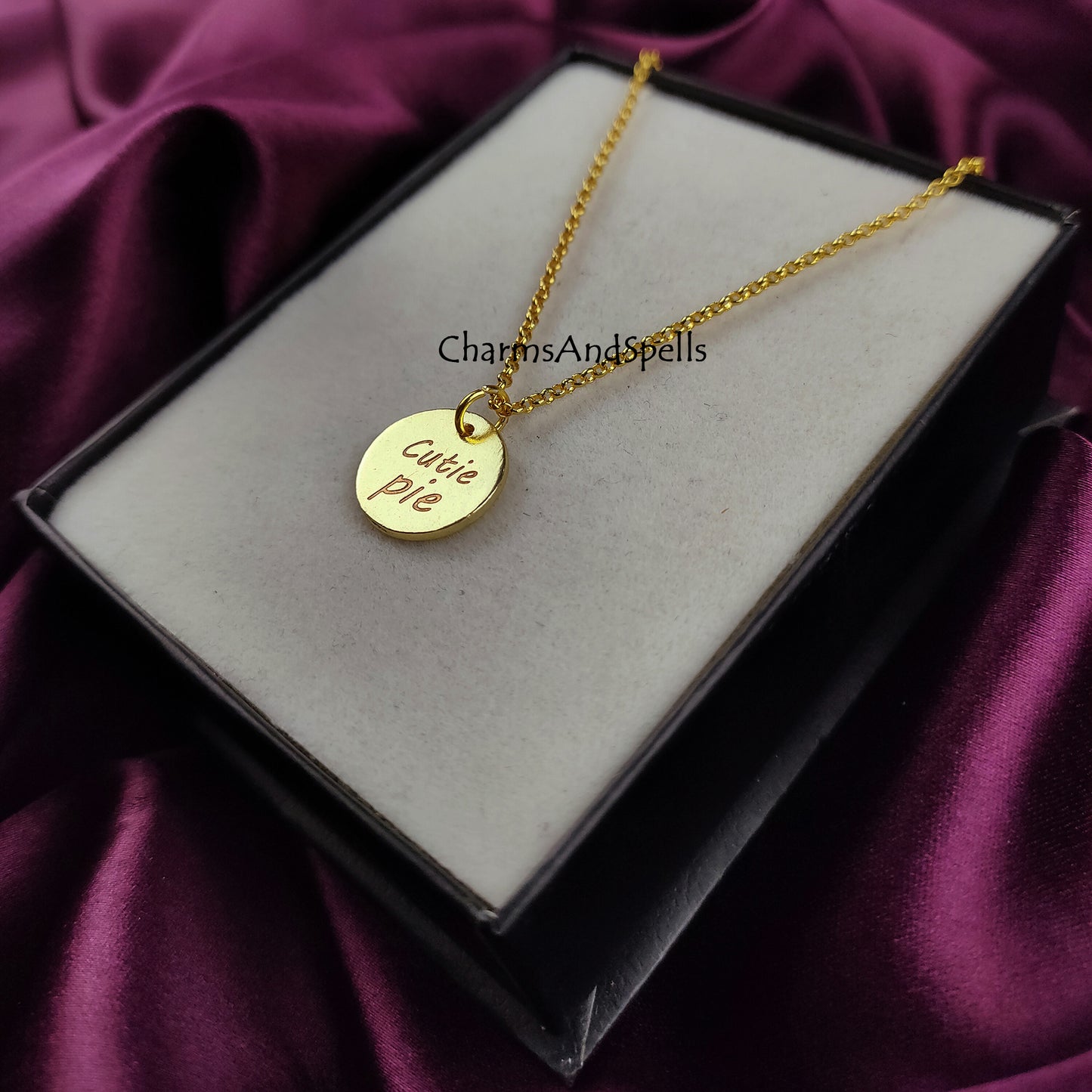 Cutie Pie Personalized Engraved Necklace, Coin Charm Necklace, Laser Engraved Jewelry, Gift For Daughter, Woman Jewelry, Mothers Day Gift