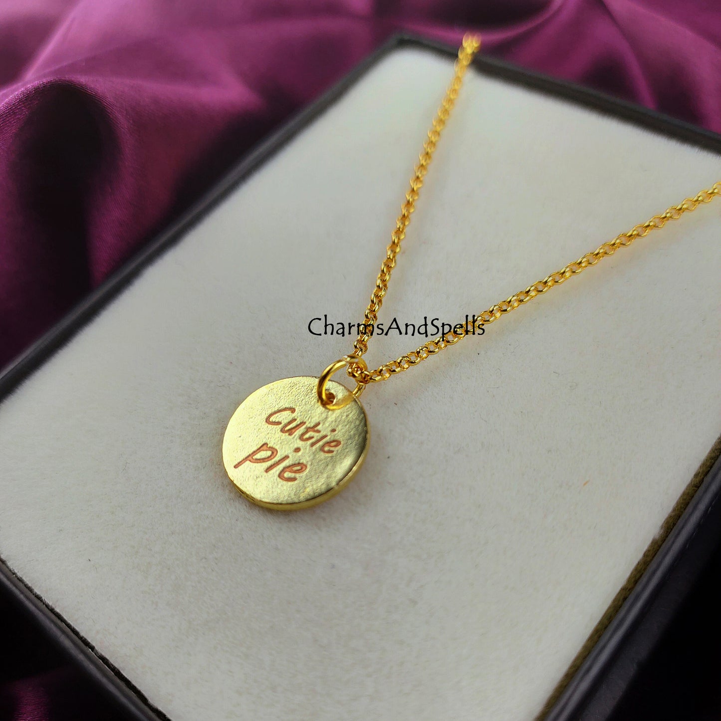 Cutie Pie Personalized Engraved Necklace, Coin Charm Necklace, Laser Engraved Jewelry, Gift For Daughter, Woman Jewelry, Mothers Day Gift