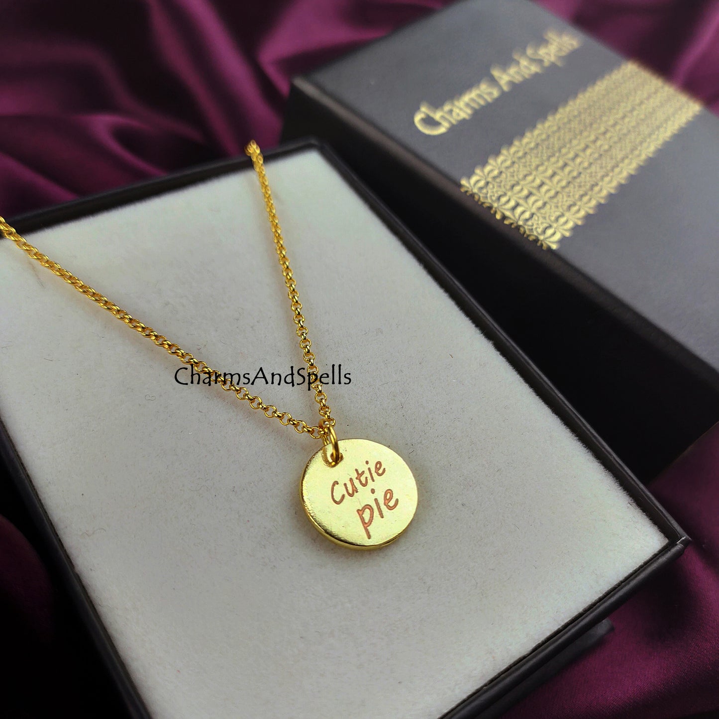 Cutie Pie Personalized Engraved Necklace, Coin Charm Necklace, Laser Engraved Jewelry, Gift For Daughter, Woman Jewelry, Mothers Day Gift