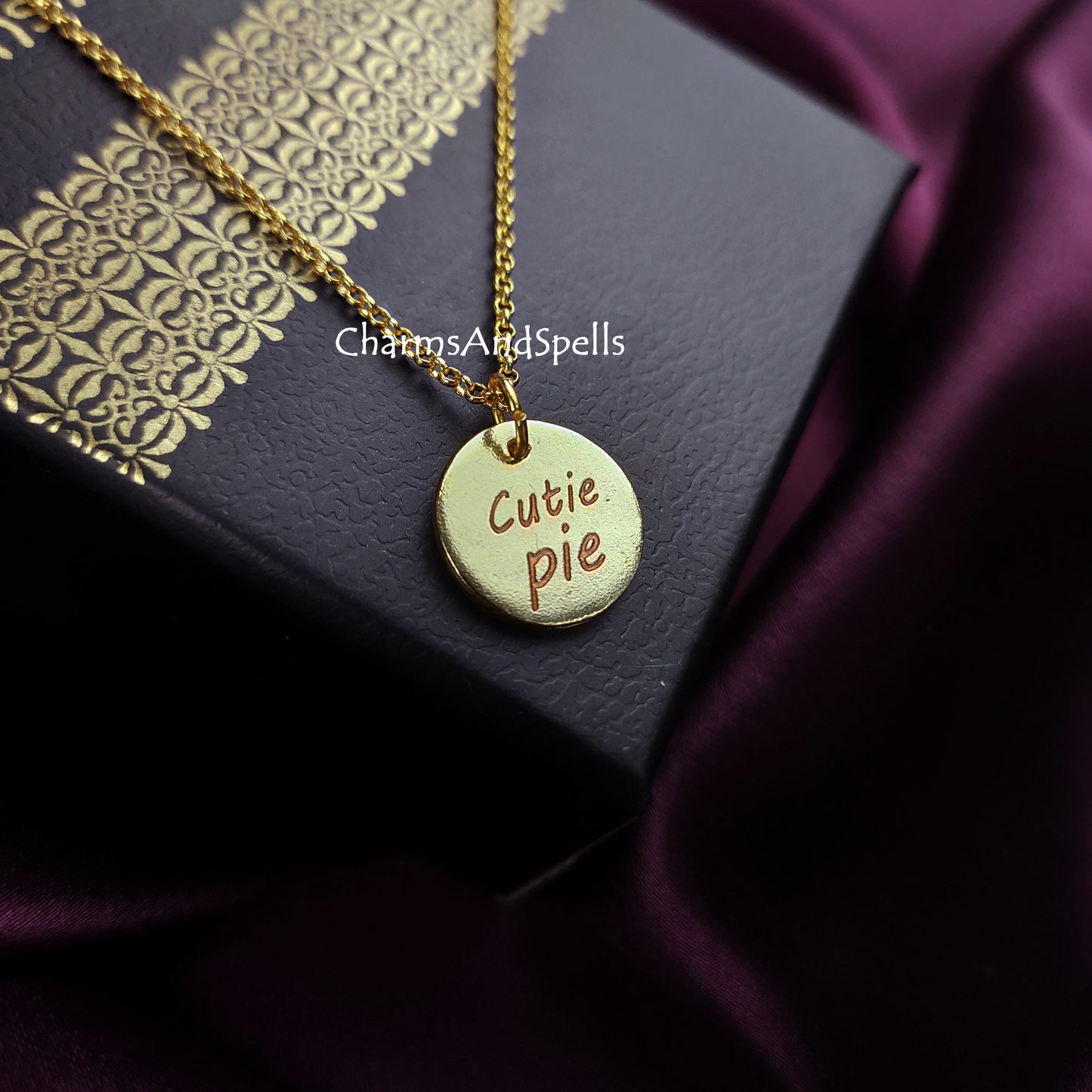 Cutie Pie Personalized Engraved Necklace, Coin Charm Necklace, Laser Engraved Jewelry, Gift For Daughter, Woman Jewelry, Mothers Day Gift