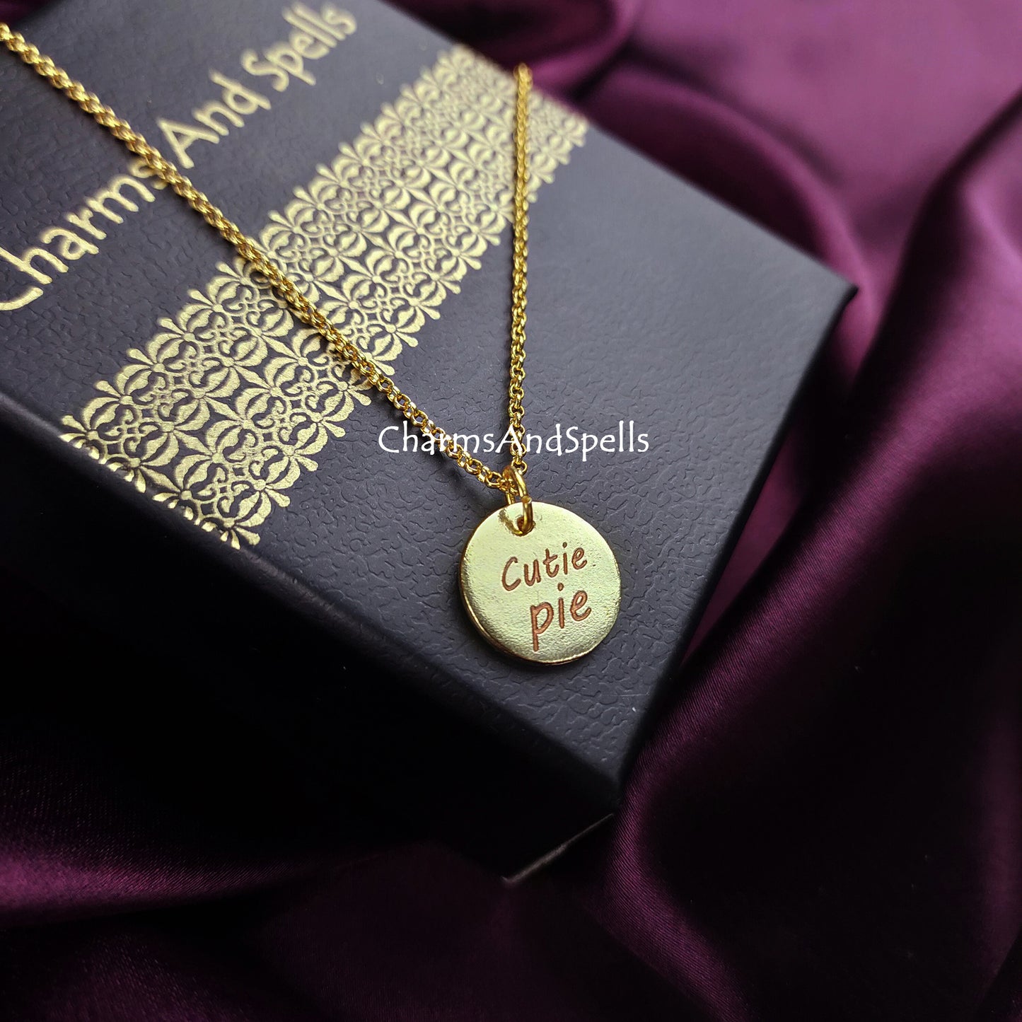 Cutie Pie Personalized Engraved Necklace, Coin Charm Necklace, Laser Engraved Jewelry, Gift For Daughter, Woman Jewelry, Mothers Day Gift