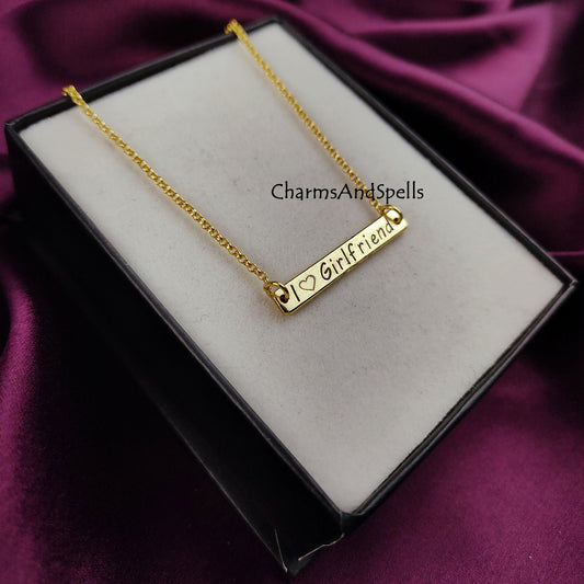 I Love Girlfriend Personalized Necklace, Engraved Jewelry, Gift For Girlfriend, Laser Engraved Jewelry, Bar Necklace, Valentine Day Gift