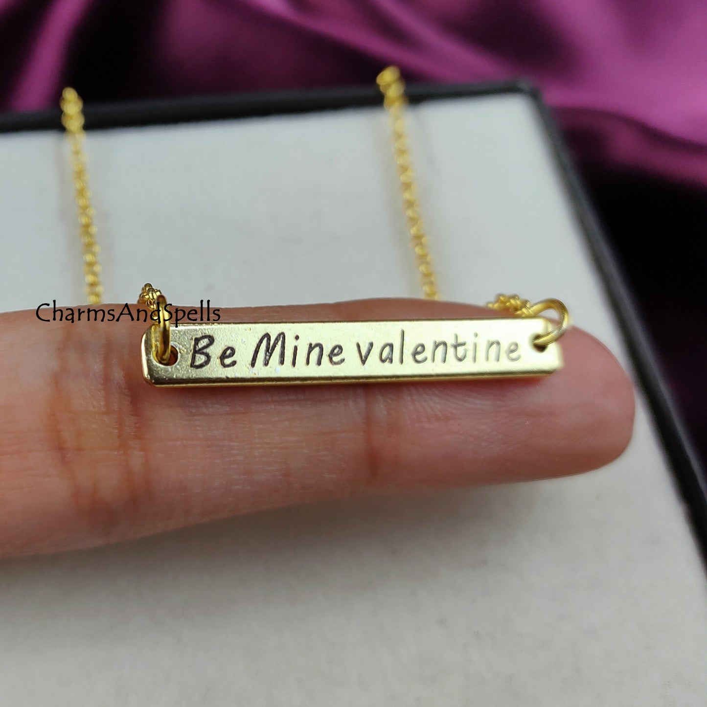 Personalized Engraved Be Mine Valentine Necklace, Engraved Bar Necklace, Handmade Jewelry, Relationship Necklace, Gift For Her, Boho Jewelry