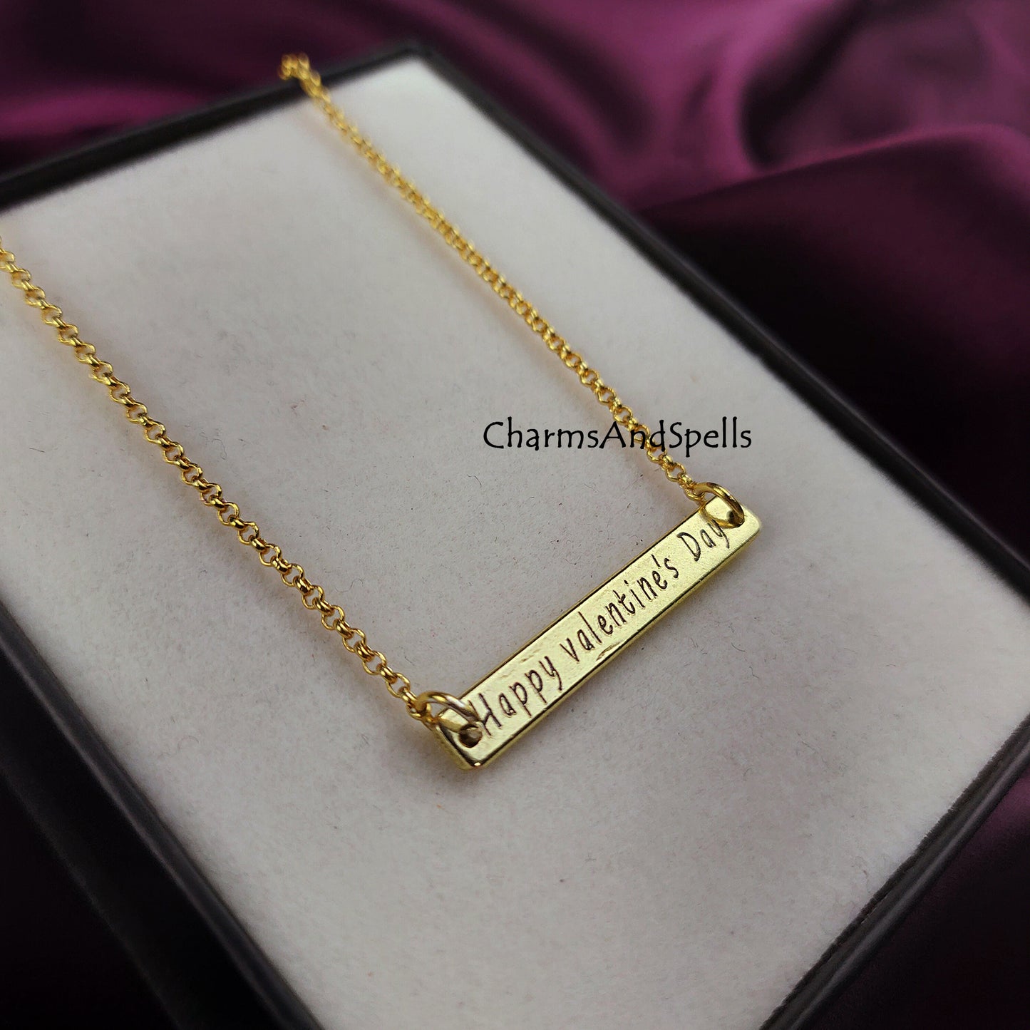 Happy Valentine Day Bar Necklace, Personalized Engraved Necklace, Boho Jewelry, Laser Engraved Jewelry, Gift For Your Valentine, Woman Gift