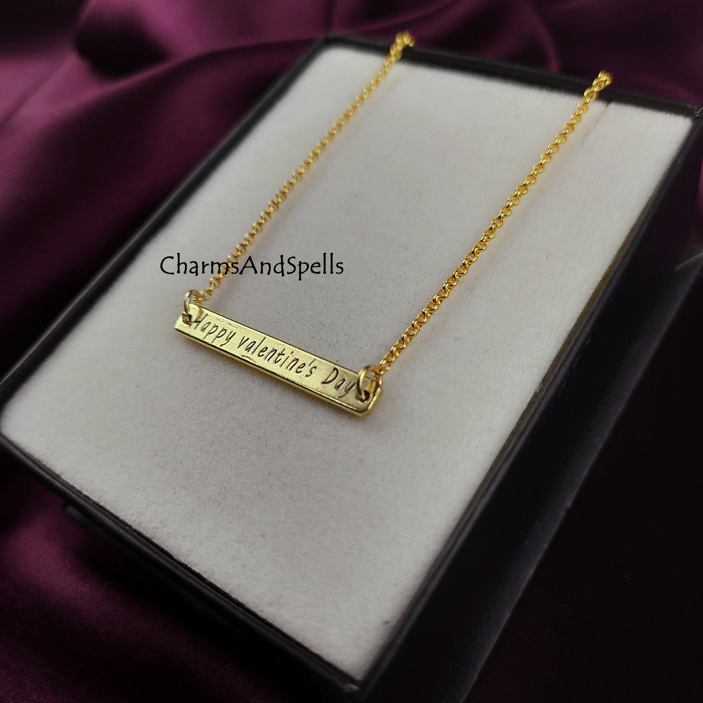 Happy Valentine Day Bar Necklace, Personalized Engraved Necklace, Boho Jewelry, Laser Engraved Jewelry, Gift For Your Valentine, Woman Gift