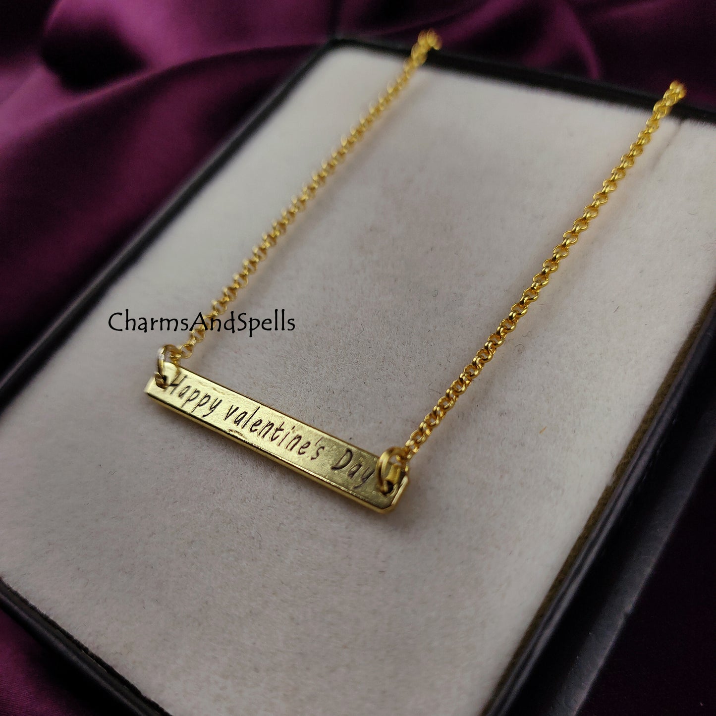 Happy Valentine Day Bar Necklace, Personalized Engraved Necklace, Boho Jewelry, Laser Engraved Jewelry, Gift For Your Valentine, Woman Gift