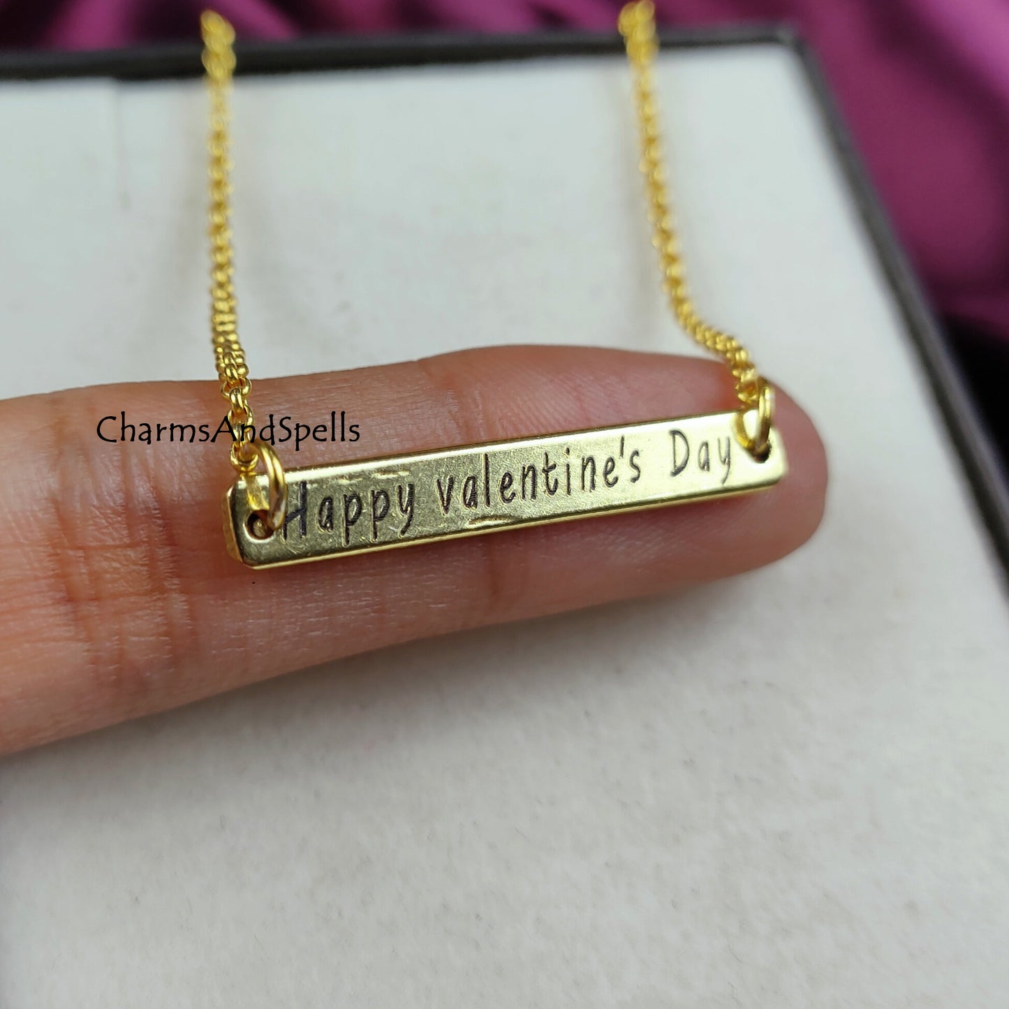 Happy Valentine Day Bar Necklace, Personalized Engraved Necklace, Boho Jewelry, Laser Engraved Jewelry, Gift For Your Valentine, Woman Gift