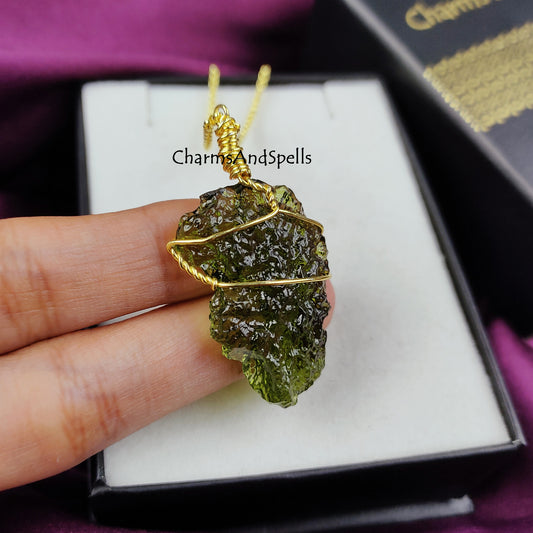 Moldavite Crystal Necklace, Moldavite Jewelry, Handmade Jewelry, Wire Wrapped Healing Crystal Necklace, Boho Jewelry, Gift For Woman, Gift