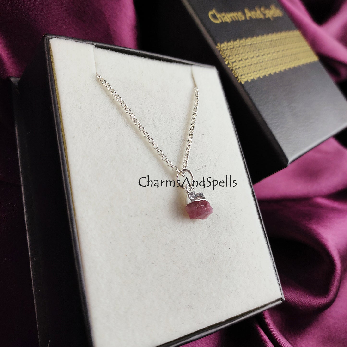 Natural Rough Pink Tourmaline Necklace, Silver Plated Necklace, Dainty Necklace, Tourmaline Necklace, Gemstone Necklace, Birthstone Jewelry