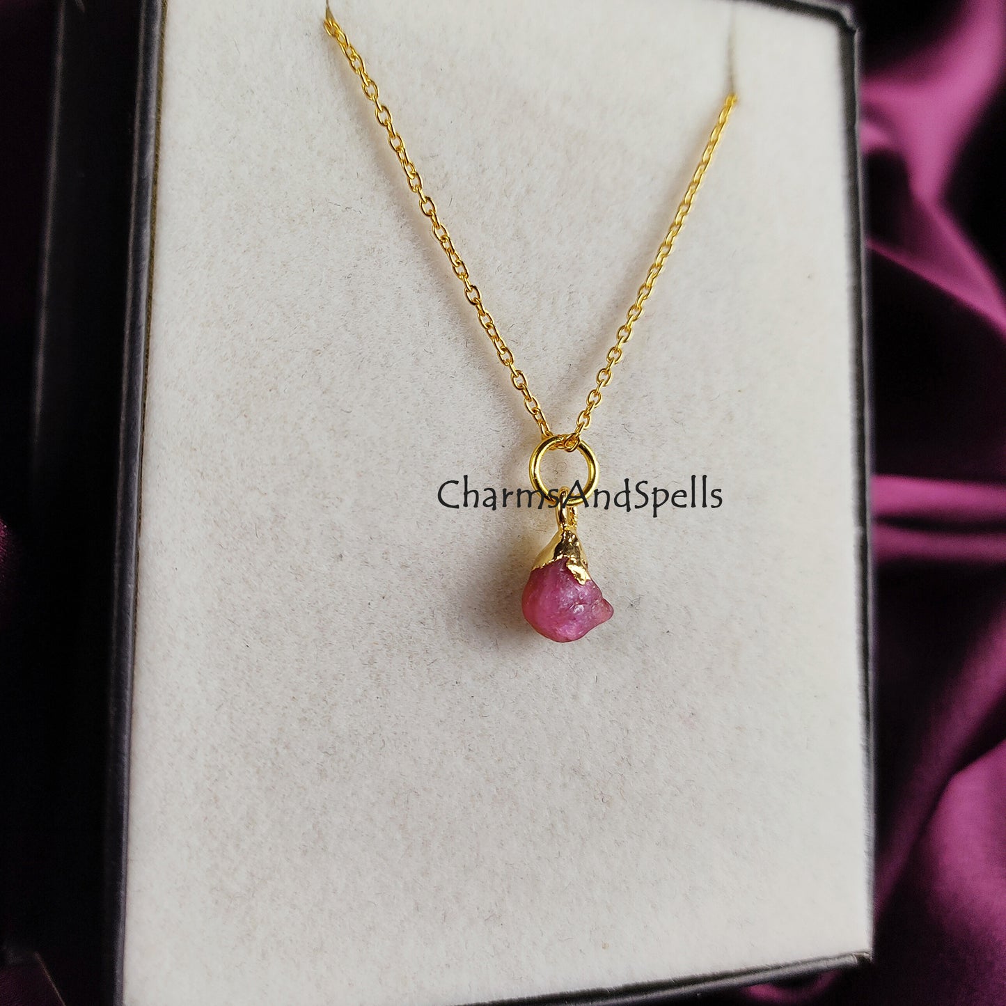 Rough Pink Tourmaline Crystal Necklace, Gemstone Necklace, Gold Plated Necklace, Handmade October Birthstone Necklace, Gift For Her