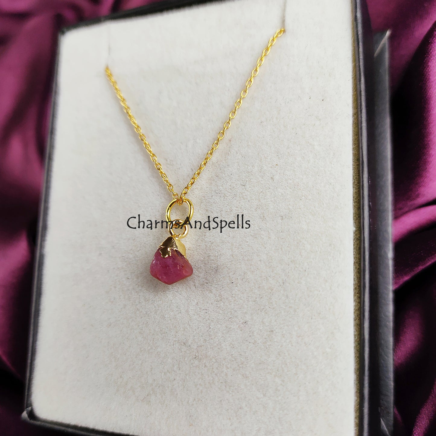 Rough Pink Tourmaline Crystal Necklace, Gemstone Necklace, Gold Plated Necklace, Handmade October Birthstone Necklace, Gift For Her