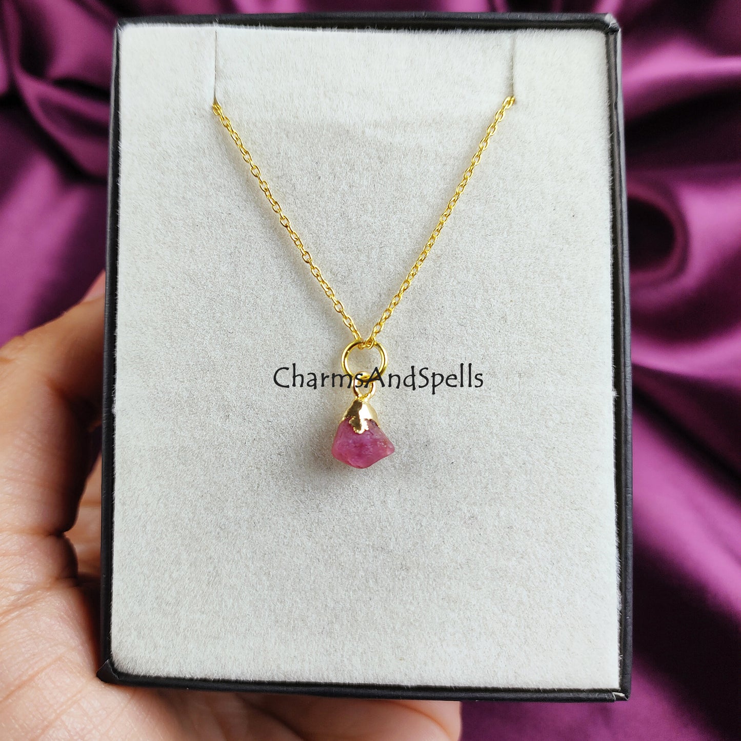 Rough Pink Tourmaline Crystal Necklace, Gemstone Necklace, Gold Plated Necklace, Handmade October Birthstone Necklace, Gift For Her