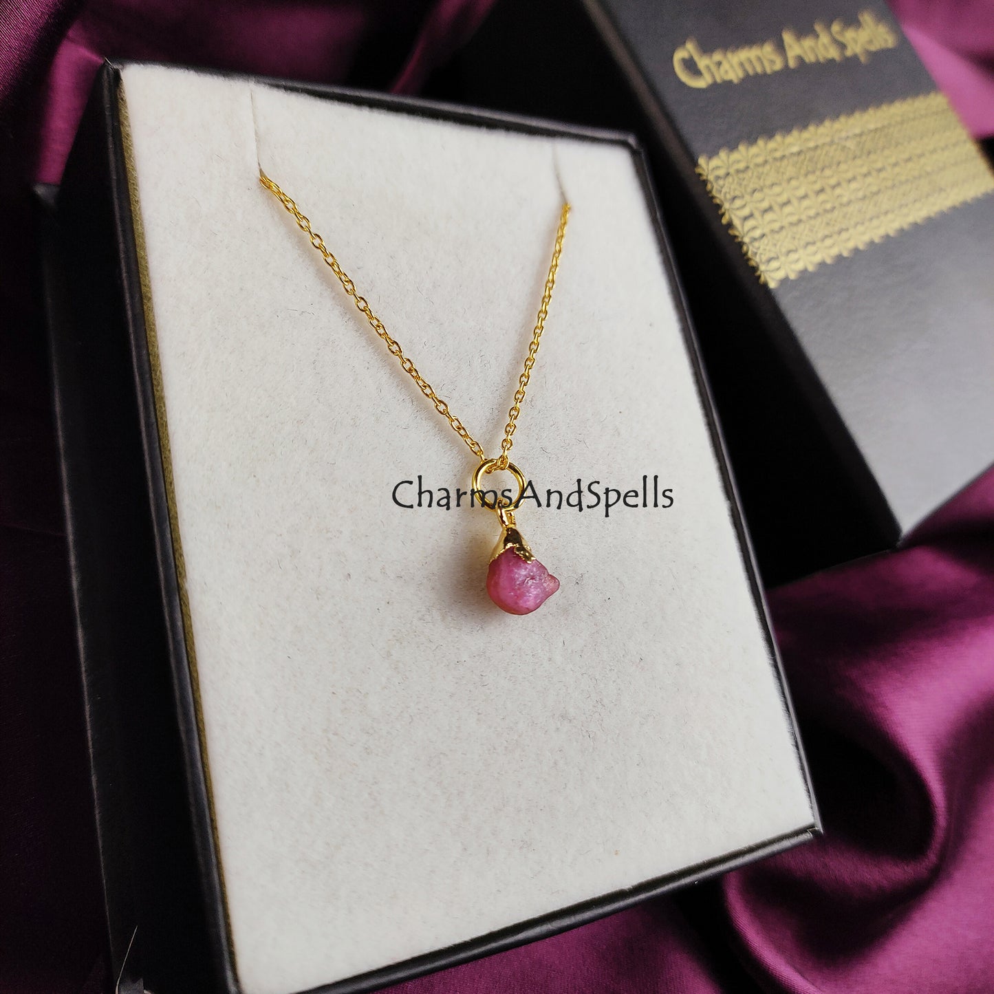 Rough Pink Tourmaline Crystal Necklace, Gemstone Necklace, Gold Plated Necklace, Handmade October Birthstone Necklace, Gift For Her