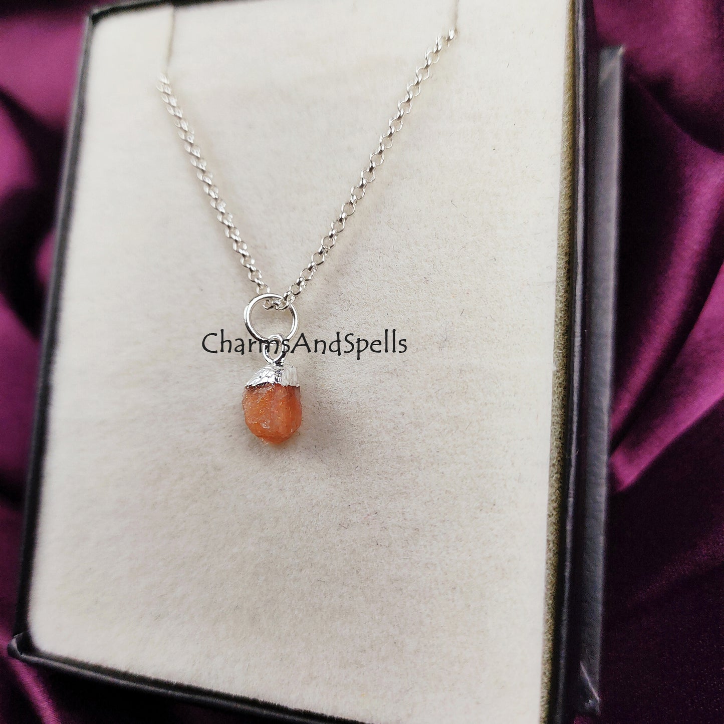 Natural Raw Sunstone Necklace, Orange Rough Stone Necklace, Solitaire Dainty Stone Pendant, Silver Plated Jewelry, Meaningful Jewelry, Gift