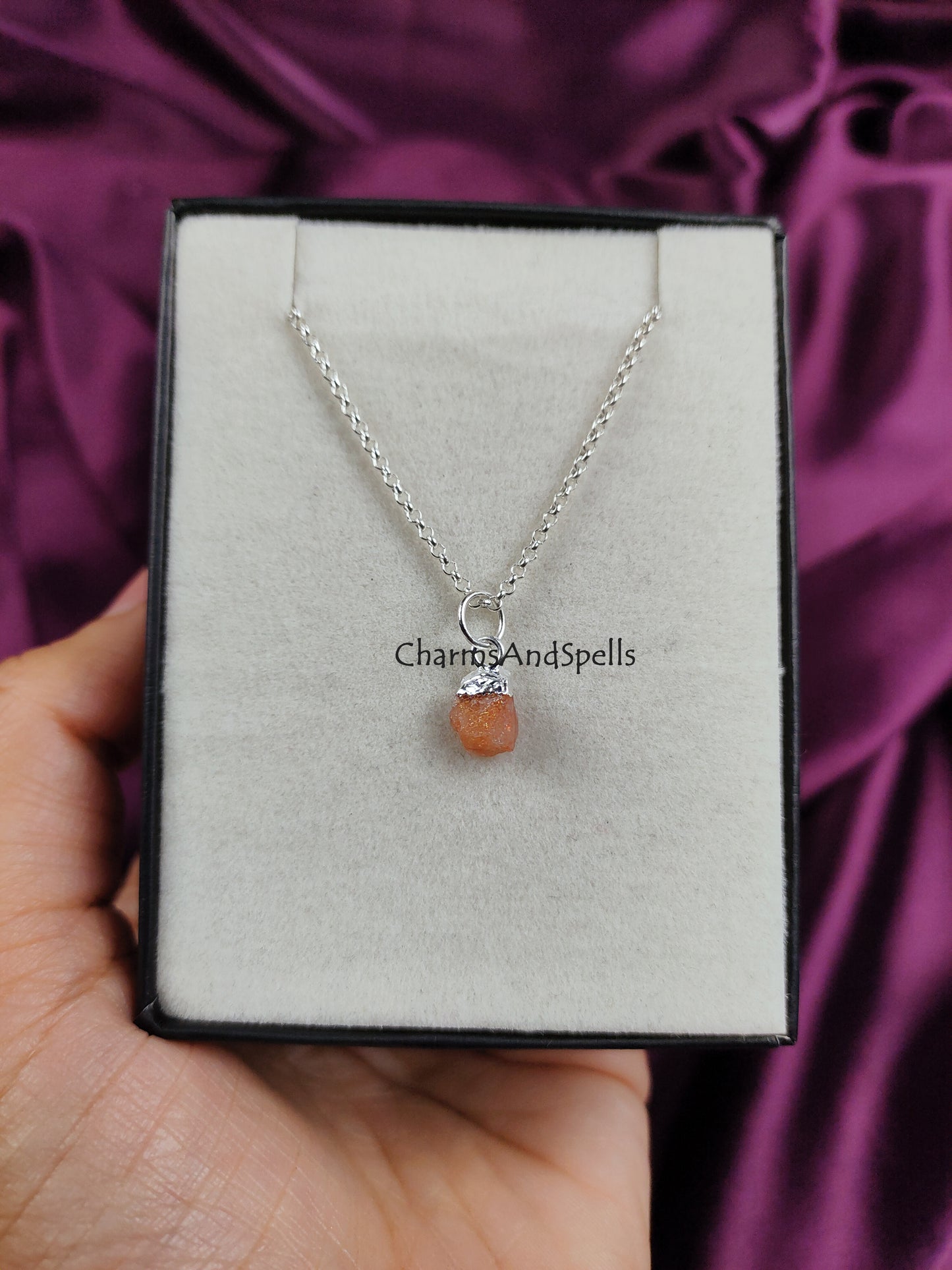 Natural Raw Sunstone Necklace, Orange Rough Stone Necklace, Solitaire Dainty Stone Pendant, Silver Plated Jewelry, Meaningful Jewelry, Gift