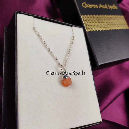 Natural Raw Sunstone Necklace, Orange Rough Stone Necklace, Solitaire Dainty Stone Pendant, Silver Plated Jewelry, Meaningful Jewelry, Gift