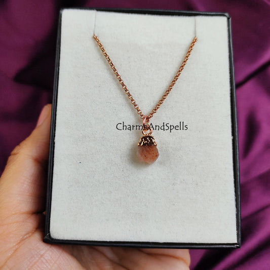 Natural Raw Sunstone Necklace, Rose Gold Plated Necklace, Sunstone Pendant Necklace, Raw Sunstone Jewelry, Rough Healing Crystal Necklace