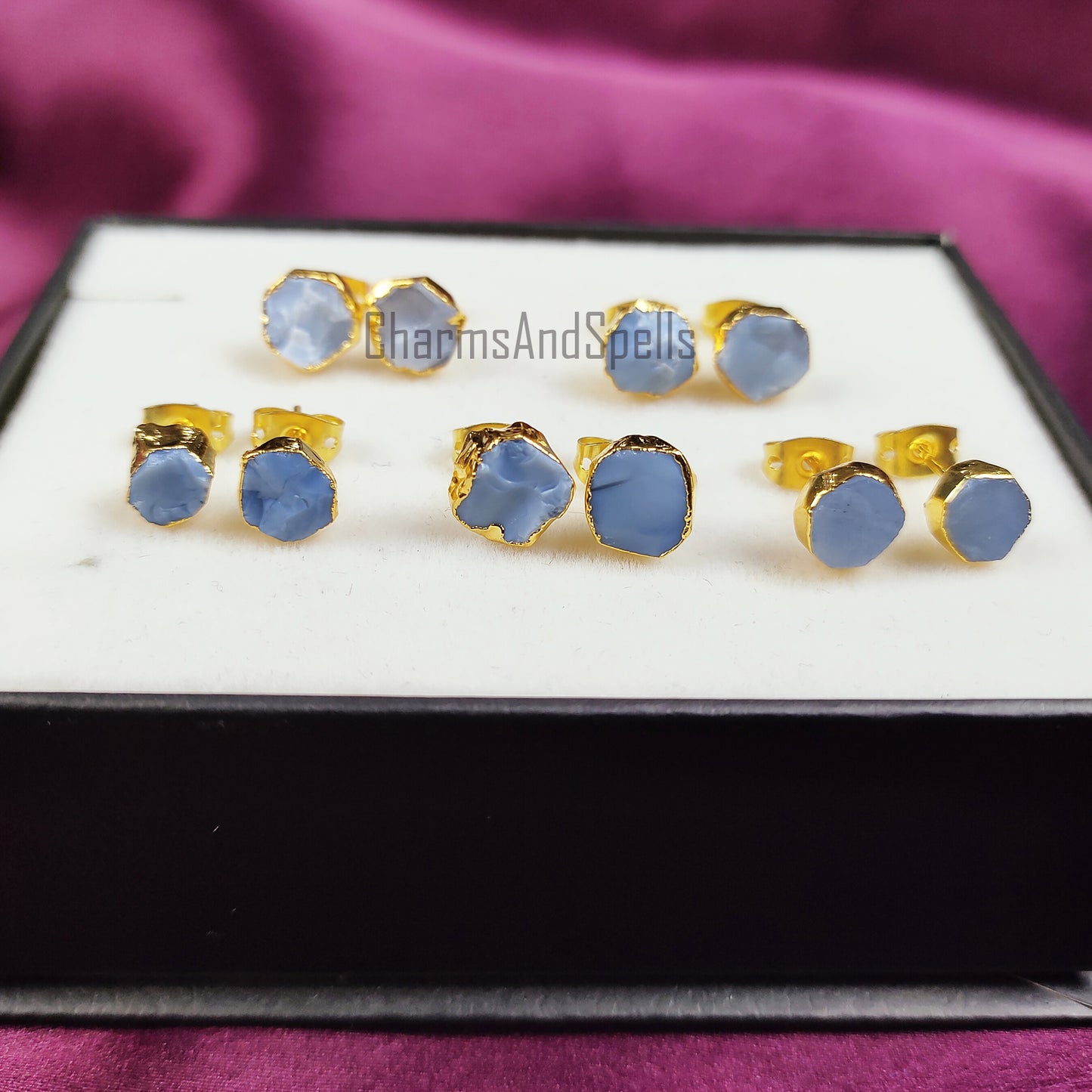 Rough Blue Opal Stud Earrings, Raw Blue Opal Earrings, Gold Plated Studs, Opal Gemstone Stud Earrings, Crystal Earrings, Fashion Earrings