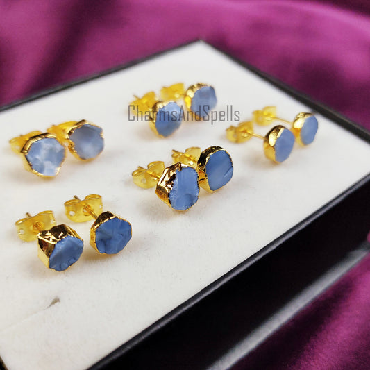 Rough Blue Opal Stud Earrings, Raw Blue Opal Earrings, Gold Plated Studs, Opal Gemstone Stud Earrings, Crystal Earrings, Fashion Earrings