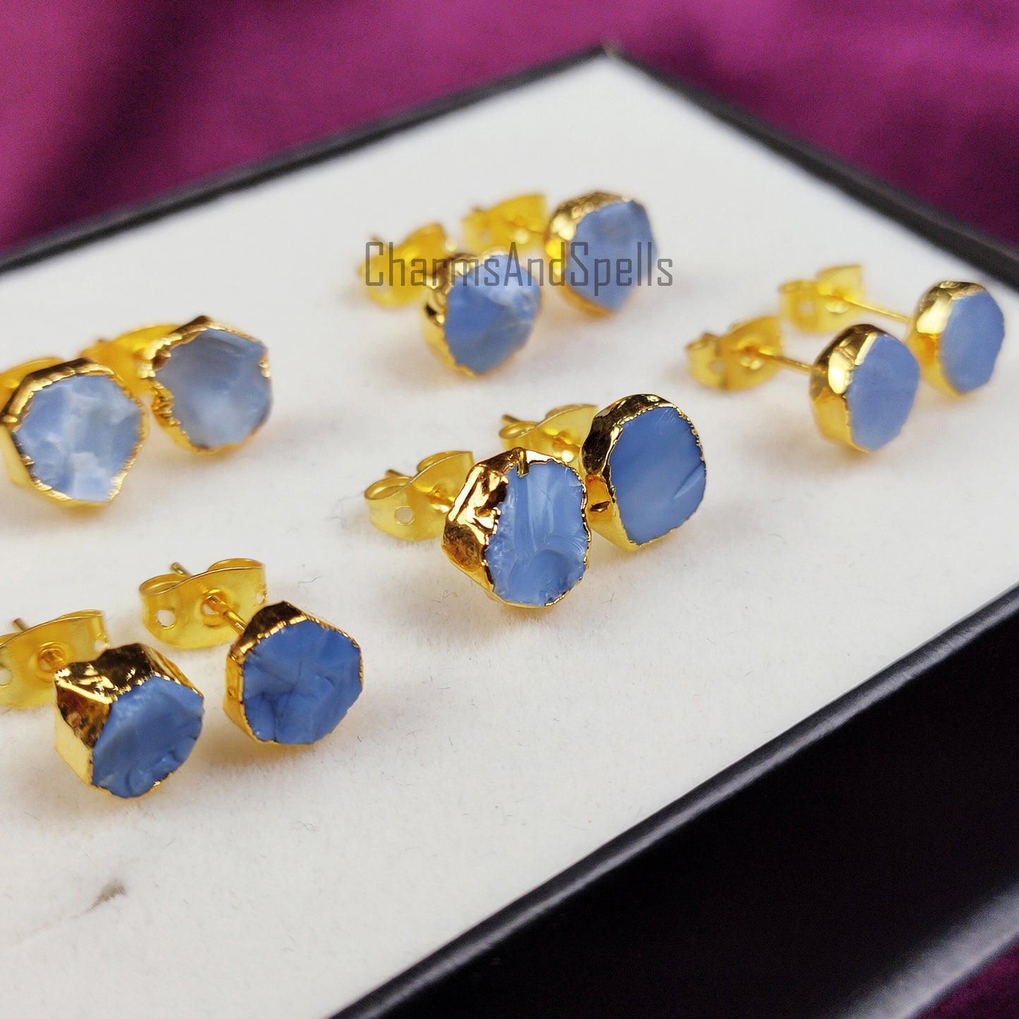 Rough Blue Opal Stud Earrings, Raw Blue Opal Earrings, Gold Plated Studs, Opal Gemstone Stud Earrings, Crystal Earrings, Fashion Earrings