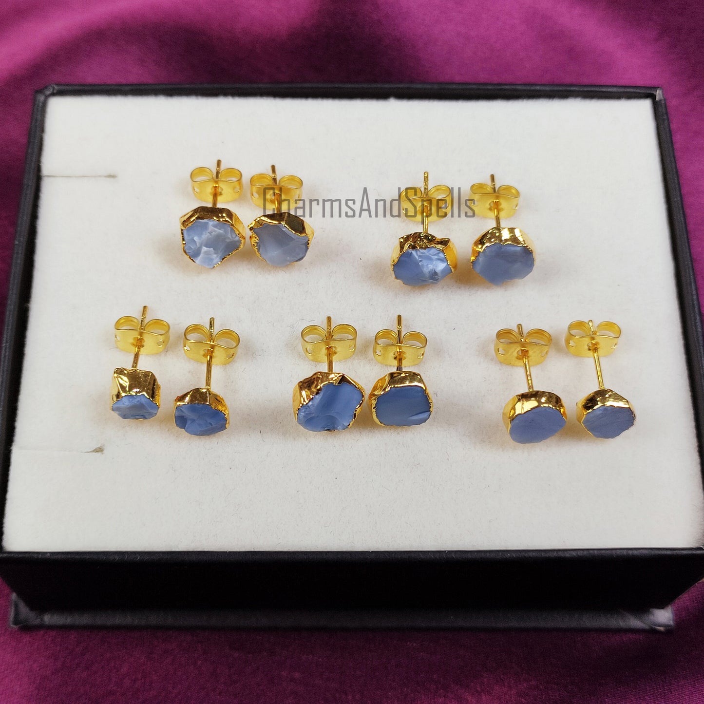 Rough Blue Opal Stud Earrings, Raw Blue Opal Earrings, Gold Plated Studs, Opal Gemstone Stud Earrings, Crystal Earrings, Fashion Earrings