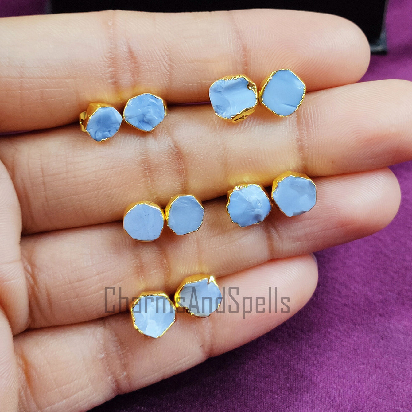 Rough Blue Opal Stud Earrings, Raw Blue Opal Earrings, Gold Plated Studs, Opal Gemstone Stud Earrings, Crystal Earrings, Fashion Earrings