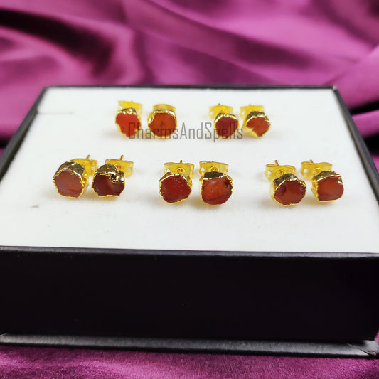 Raw Carnelian Gemstone Earrings, Carnelian Stud Earrings, Carnelian Jewelry, Healing Crystal Gift, Gold Plated Earrings, Birthstone Studs