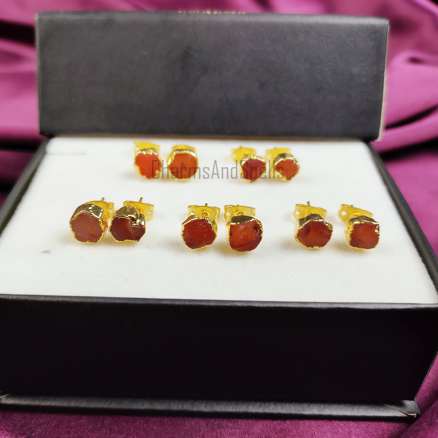 Raw Carnelian Gemstone Earrings, Carnelian Stud Earrings, Carnelian Jewelry, Healing Crystal Gift, Gold Plated Earrings, Birthstone Studs