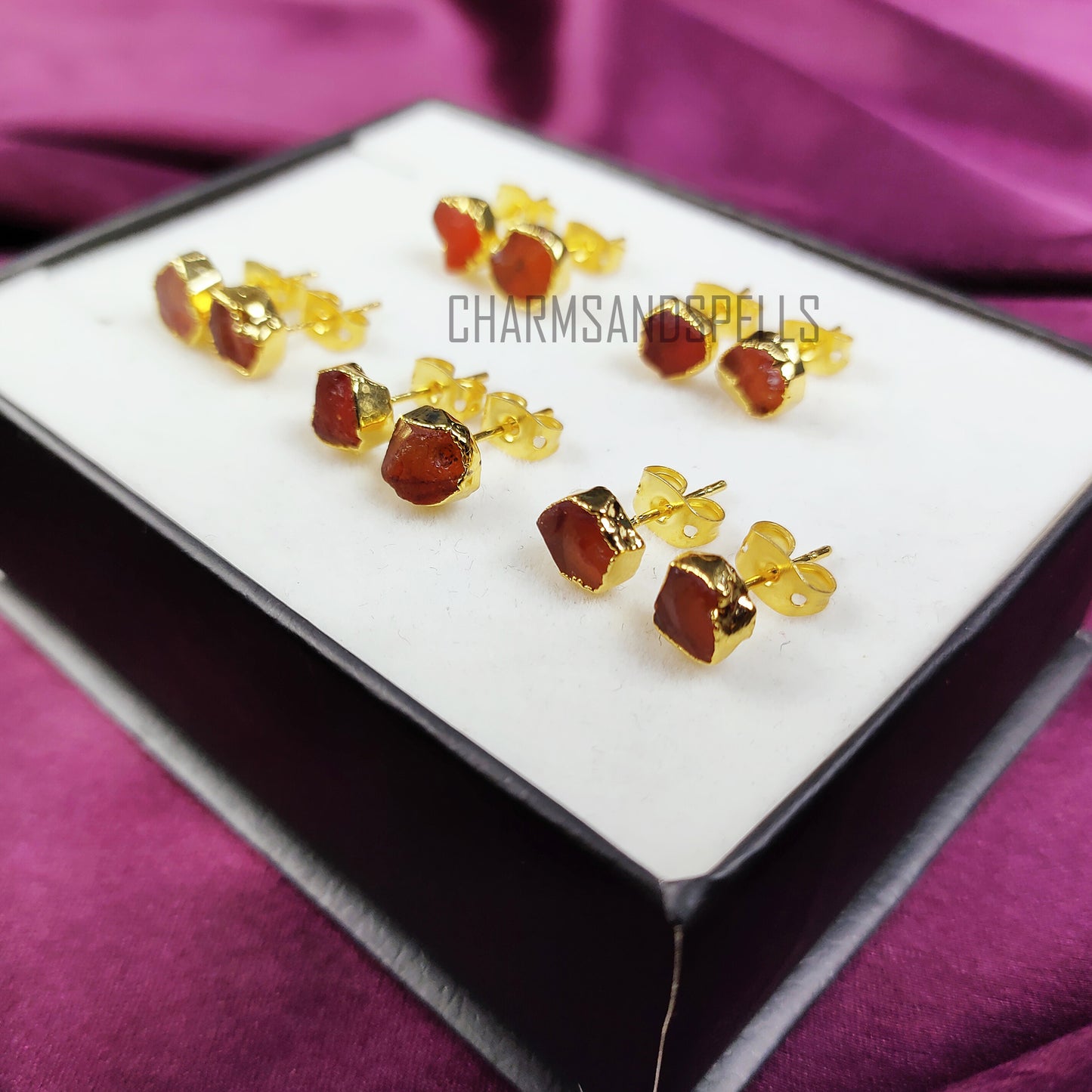 Raw Carnelian Gemstone Earrings, Carnelian Stud Earrings, Carnelian Jewelry, Healing Crystal Gift, Gold Plated Earrings, Birthstone Studs