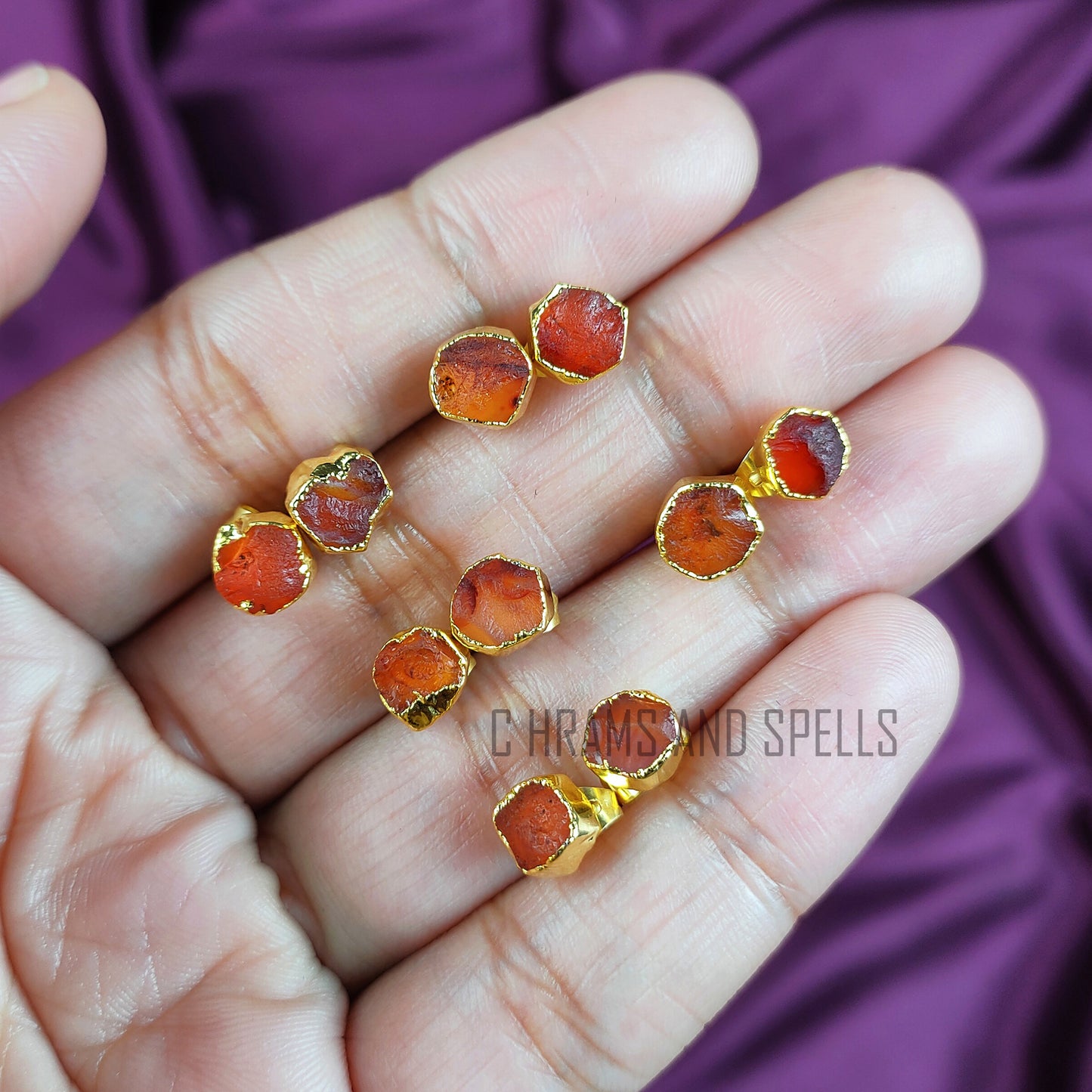 Raw Carnelian Gemstone Earrings, Carnelian Stud Earrings, Carnelian Jewelry, Healing Crystal Gift, Gold Plated Earrings, Birthstone Studs