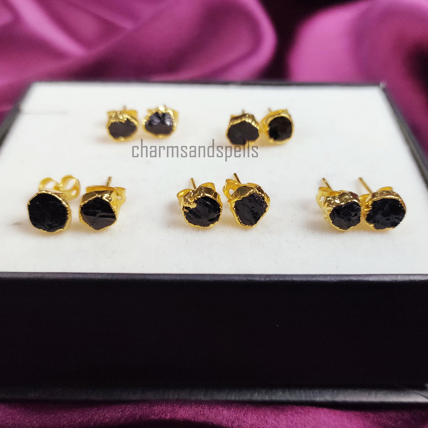 Raw Black Tourmaline Stud Earrings, Electroplated Stud Earrings, Healing Crystals Stud Earrings, Gold Plated Earring, Gemstone Stud Earrings