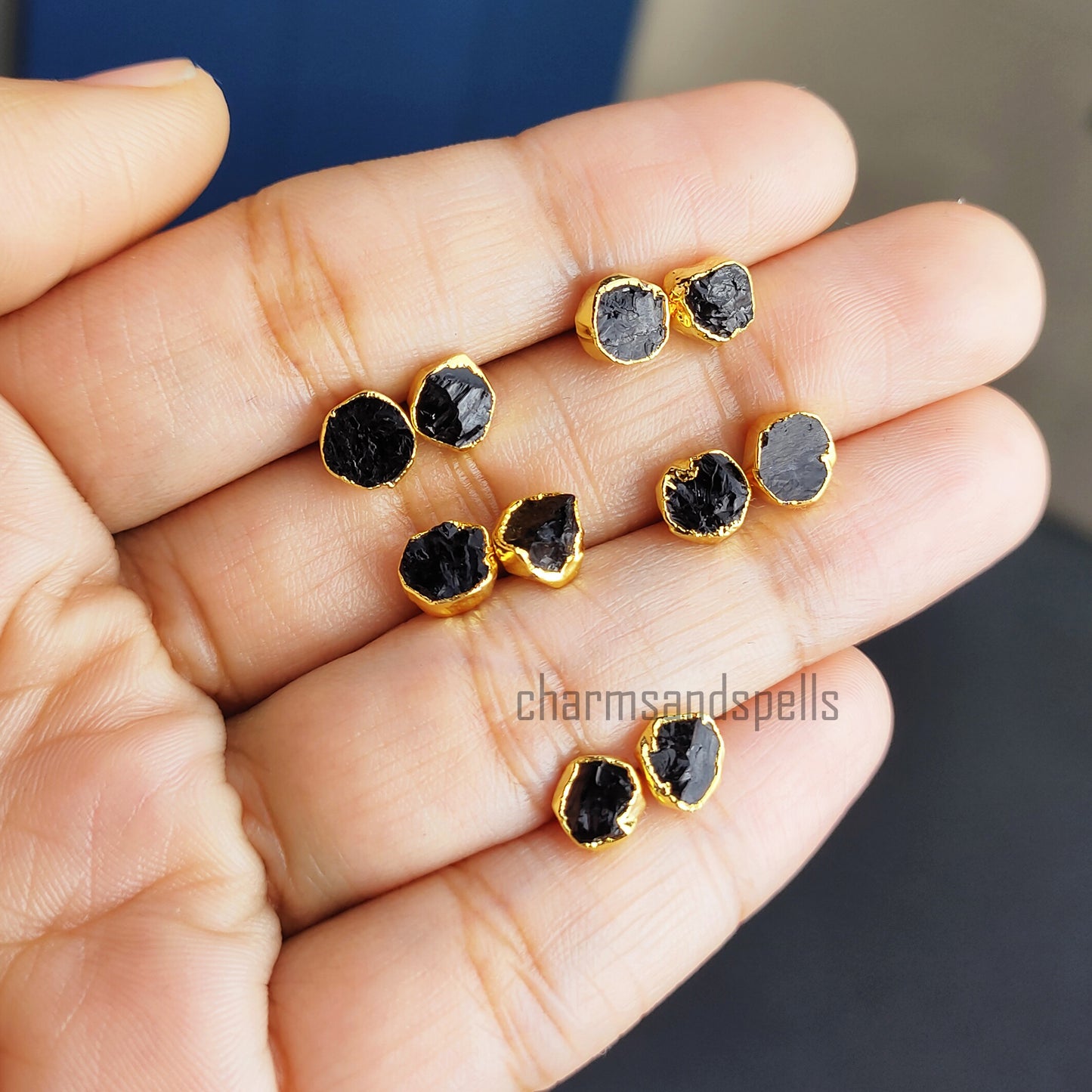 Raw Black Tourmaline Stud Earrings, Electroplated Stud Earrings, Healing Crystals Stud Earrings, Gold Plated Earring, Gemstone Stud Earrings