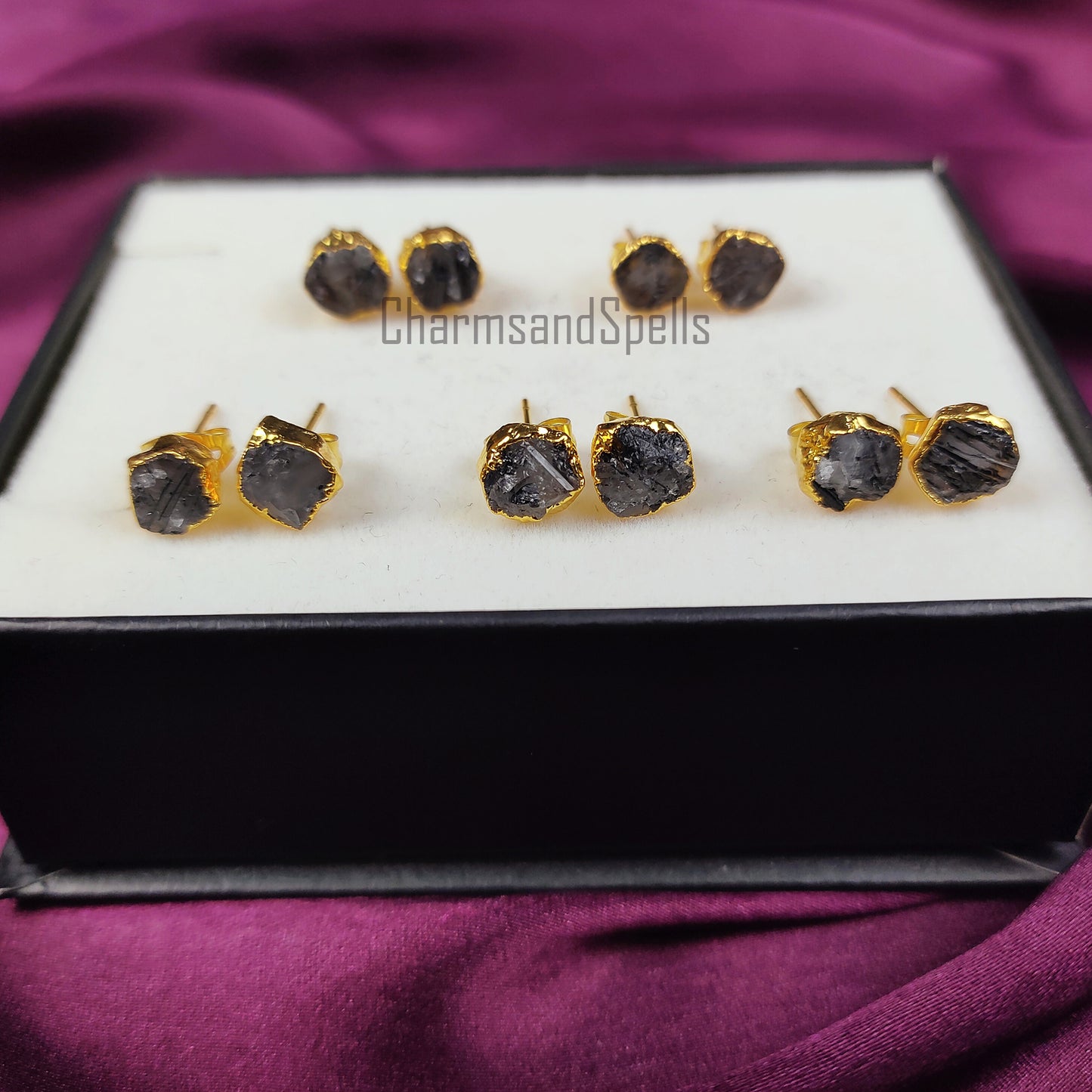 Raw Black Rutile Gemstone Stud Earrings, Gold Plated Earrings, Rough Rutilated Studs, Crystal Stud Earrings, Boho Earrings, Fashion Jewelry