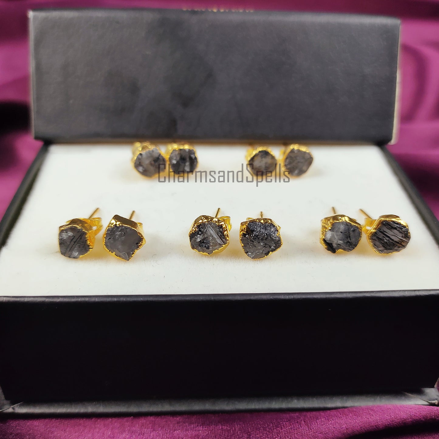 Raw Black Rutile Gemstone Stud Earrings, Gold Plated Earrings, Rough Rutilated Studs, Crystal Stud Earrings, Boho Earrings, Fashion Jewelry