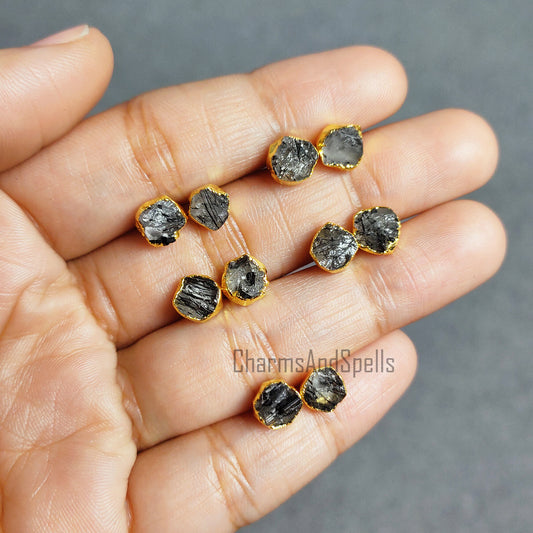 Raw Black Rutile Gemstone Stud Earrings, Gold Plated Earrings, Rough Rutilated Studs, Crystal Stud Earrings, Boho Earrings, Fashion Jewelry