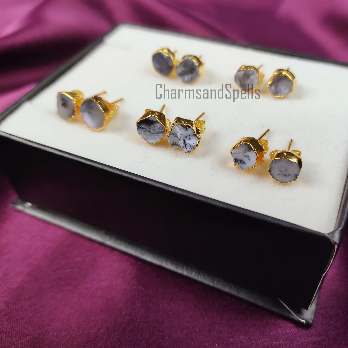 Raw Dendrite Opal Stud Earrings, Gemstone Studs, Gold Plated Earring, Electroplated Studs Earrings, Crystal Stud Earrings, Fashion Earrings