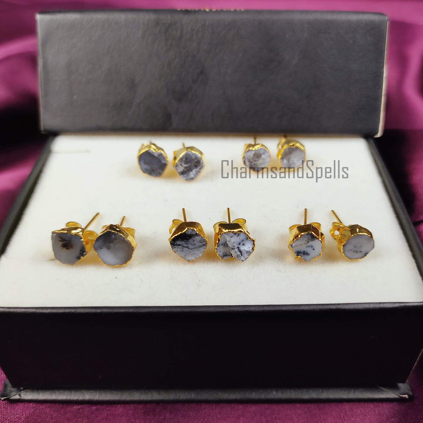 Raw Dendrite Opal Stud Earrings, Gemstone Studs, Gold Plated Earring, Electroplated Studs Earrings, Crystal Stud Earrings, Fashion Earrings