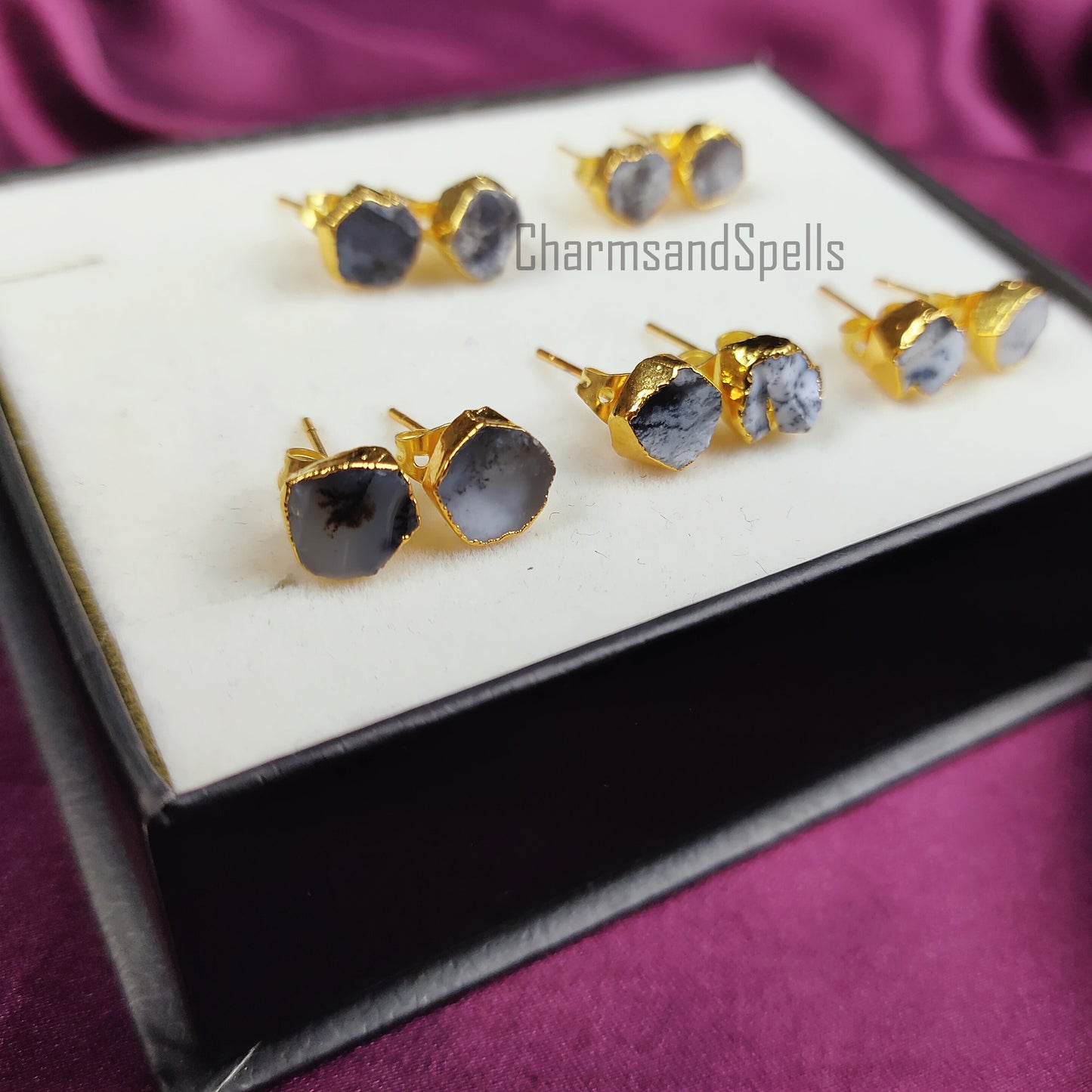 Raw Dendrite Opal Stud Earrings, Gemstone Studs, Gold Plated Earring, Electroplated Studs Earrings, Crystal Stud Earrings, Fashion Earrings