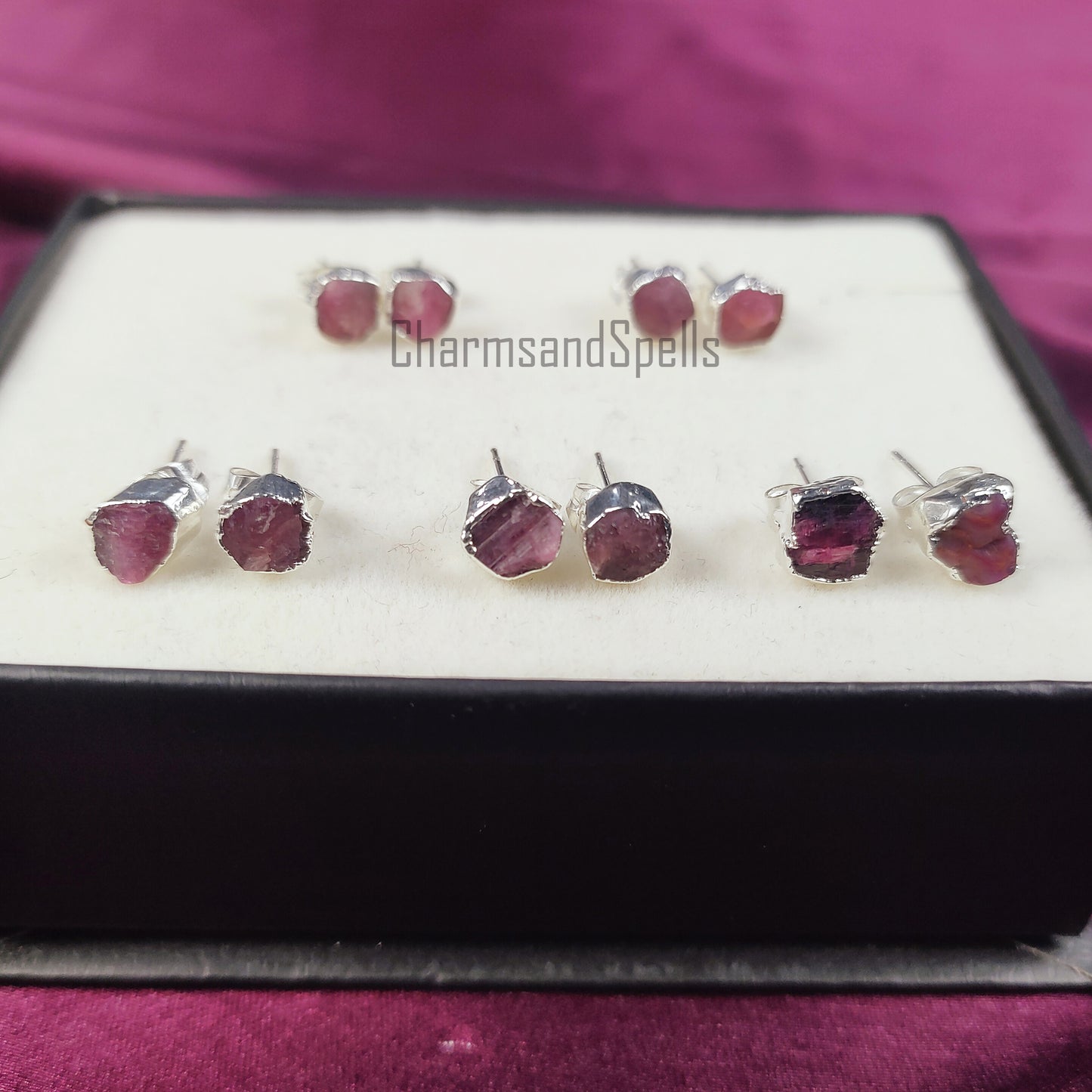 Raw Tourmaline Gemstone Earrings, Pink Tourmaline Jewelry, Silver Plated Studs, October Birthstone, Gift For Her, Rough Crystal Earrings