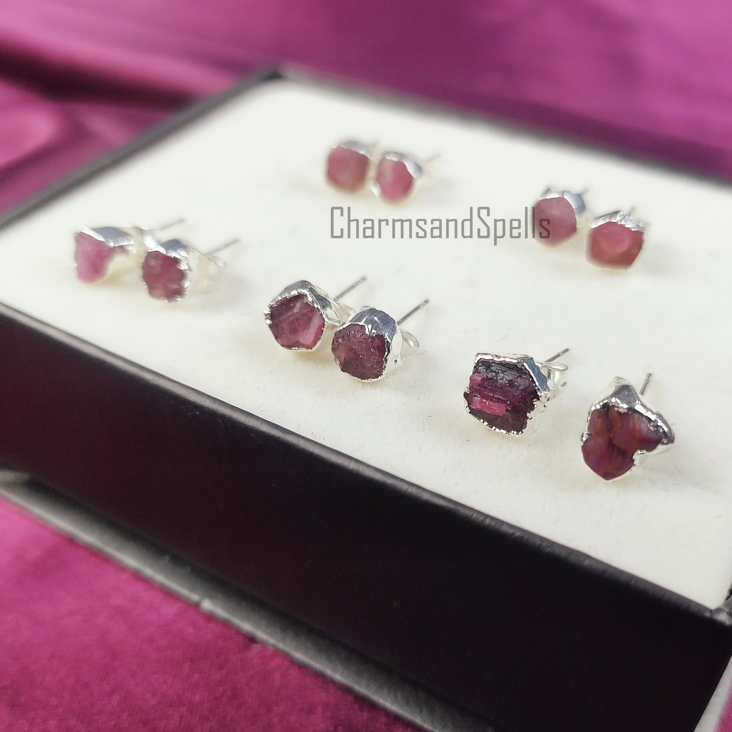 Raw Tourmaline Gemstone Earrings, Pink Tourmaline Jewelry, Silver Plated Studs, October Birthstone, Gift For Her, Rough Crystal Earrings