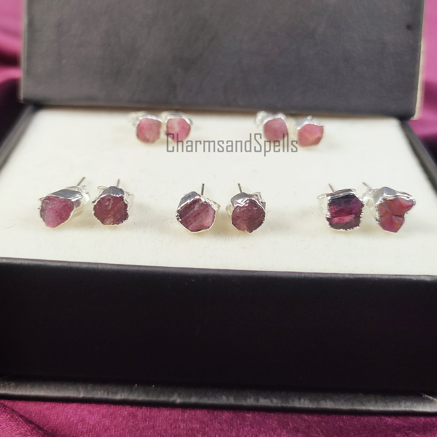 Raw Tourmaline Gemstone Earrings, Pink Tourmaline Jewelry, Silver Plated Studs, October Birthstone, Gift For Her, Rough Crystal Earrings