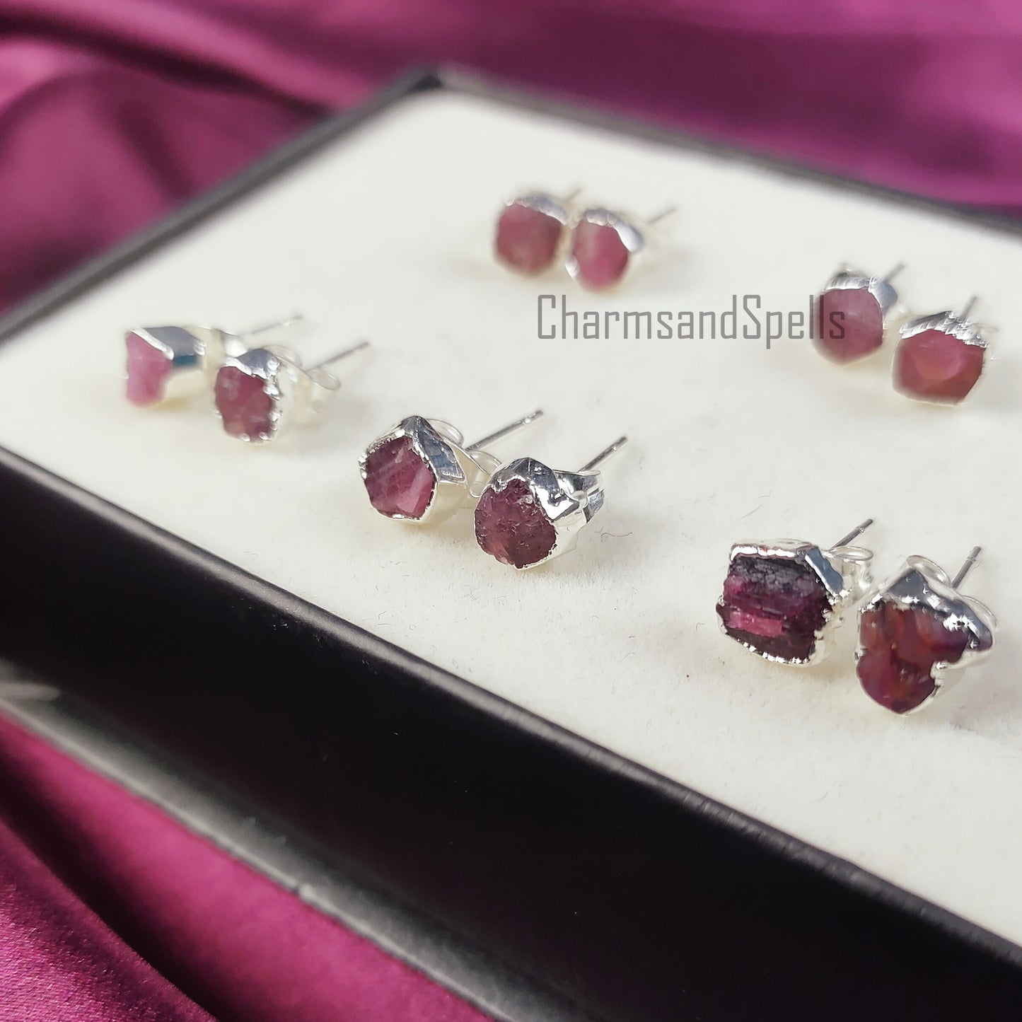 Raw Tourmaline Gemstone Earrings, Pink Tourmaline Jewelry, Silver Plated Studs, October Birthstone, Gift For Her, Rough Crystal Earrings