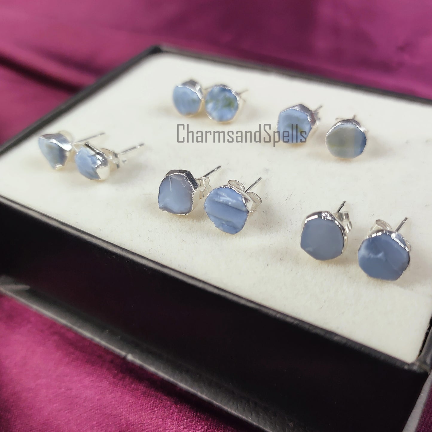 Rough Blue Opal Stud Earrings, Silver Plated Studs, Opal Gemstone Stud Earrings, Raw Blue Opal Earrings, Crystal Earrings, Fashion Jewelry